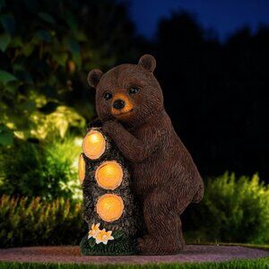 Resin Solar Brown Bear Statue Climbing Tree Trunk with LED Tree Rings for Garden
